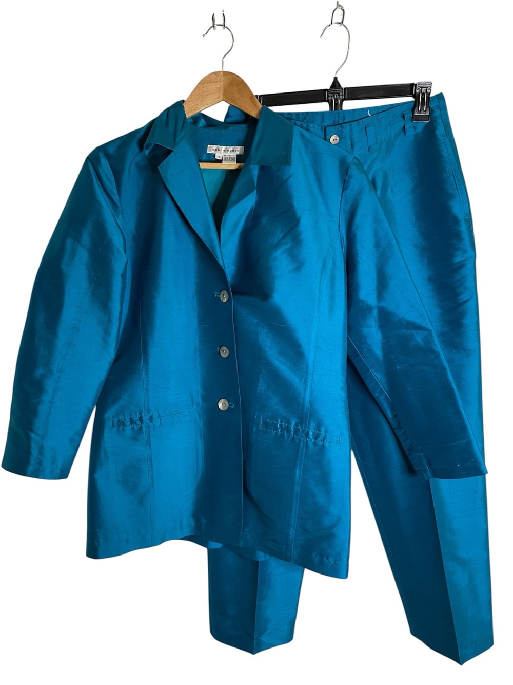 Debra DeRoo Elegant Teal Women's Silk Suit Jacket & Pants Size Petite